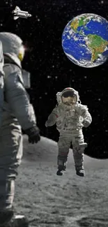 Two astronauts on the moon with Earth in the background, depicting space exploration.