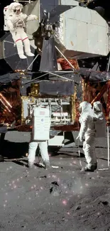 Astronauts on lunar surface with rover and stars.