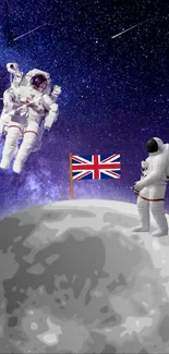 Astronauts on the moon with a British flag under a starry sky.