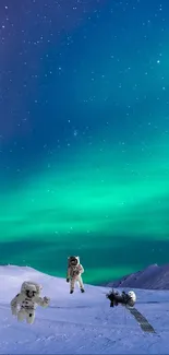 Astronauts explore under a teal aurora.