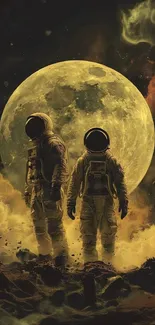 Two astronauts stand under a bright moon with a cosmic background.