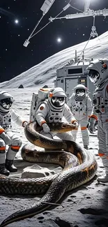 Astronauts and a giant snake on the moon scene.