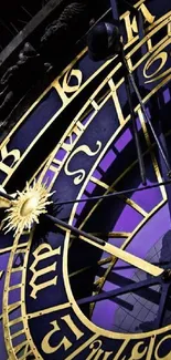 Purple astronomical clock with intricate golden details.