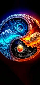 Yin yang abstract art in blue and orange hues on black background.