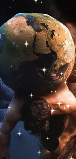 Atlas holding Earth with stars in cosmic background.