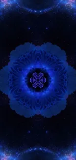 Abstract cosmic blue flower with intricate patterns on a dark background.