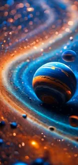 3D vibrant planets floating in cosmic waves.