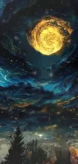 Artistic starry night sky wallpaper with blue and gold swirls.