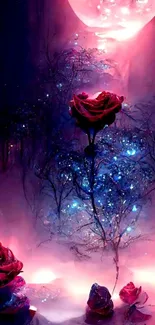 Glowing roses under a mystical moonlit sky.