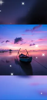 A small boat floats under a starry sky at sunset on the ocean.