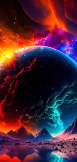 Vibrant cosmic planet with colorful sky and fiery landscape.