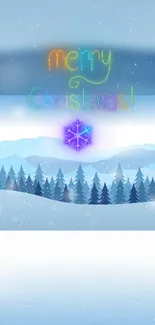 Snowy winter scene with Merry Christmas text and snowflake.