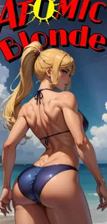 Blonde beach character with ocean background.