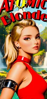 Atomic Blonde wallpaper with scenic waterfall and vibrant red dress.