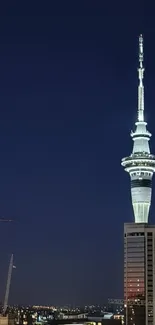 Auckland Sky Tower glowing against a dark night sky with cityscape below.