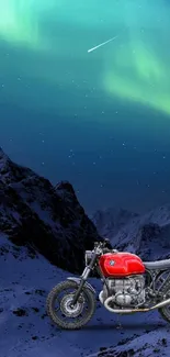 Motorcycle under vibrant aurora in snowy mountains.