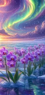 Enchanting aurora over purple orchids in a fantasy landscape.