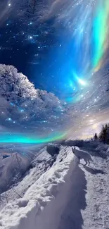 Vibrant aurora over snowy landscape under starry night.