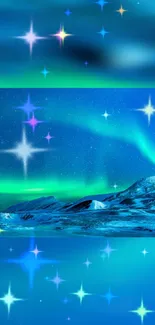 Bluish-green Aurora Borealis with stars and snowy mountains.