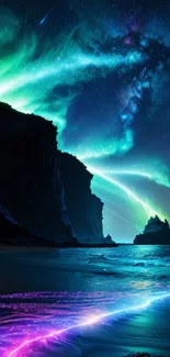 Fantasy aurora borealis over ocean shore with vibrant, colorful night sky.