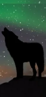 Aurora over beach with wolf silhouette atop mountain.