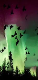 Aurora Borealis with birds in flight over a silhouetted forest at night.