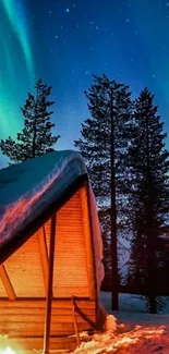 Cozy cabin under the aurora borealis with starry night sky.