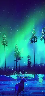 Deer under aurora borealis in forest night scene wallpaper.