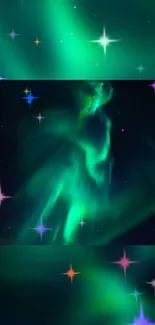 Aurora borealis and stars wallpaper with green hues and cosmic night sky.