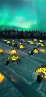 Glowing igloos beneath vibrant aurora borealis in snowy landscape.