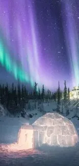 Beautiful night scene with aurora borealis and igloo under starry sky.