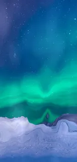 Emerald green aurora borealis over snowy landscape.