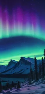 Northern lights over mountain landscape with vibrant colors.