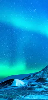 Stunning aurora borealis over snowy mountains with blue and green hues.