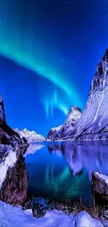 Aurora Borealis over snow-capped mountains and a reflective lake under a night sky.