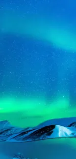 Aurora borealis over snowy mountains at night.