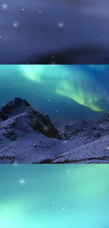 Snowy mountains under the Aurora Borealis in a night sky.