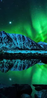 Aurora Borealis glowing over a snow-capped mountain reflected in a still lake.