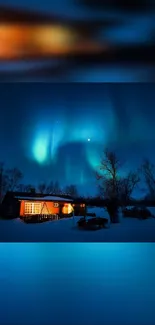 Northern Lights over a cabin in winter night landscape.