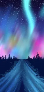 Aurora Borealis over forest road under a starry sky wallpaper.