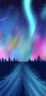 Vibrant aurora borealis over a starry night forest road.