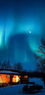 Northern Lights over snowy cabin at night.