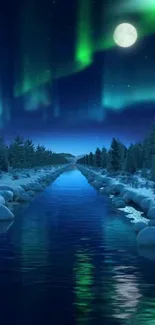 Night scene wallpaper with aurora borealis and moonlit river view.