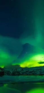 Green aurora borealis over snowy mountains under a starry night sky.