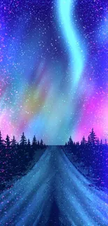 Colorful aurora borealis over a forest road at night.