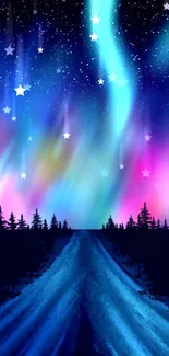 Aurora Borealis over a starry night sky with vibrant blue and pink hues.