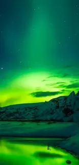 Aurora Borealis over snowy mountains with starry night sky