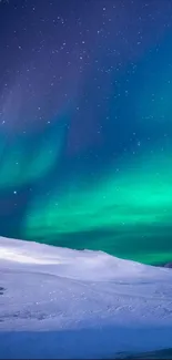 Aurora Borealis over snowy landscape at night with stars in the sky.