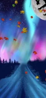 Aurora borealis over a forest with falling leaves and a moonlit sky.