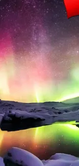 Colorful Aurora Borealis over icy landscape at night.